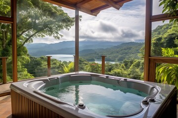 Upmarket house jacuzzi with scenic nature view. Generative AI