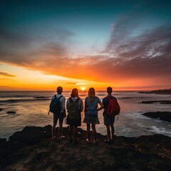 Captivating image of a group of travelers standing in awe of a stunning sunset