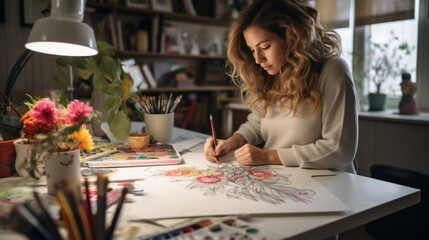 Fototapeta premium Female artist who uses colored pencils to create stunning sketches in her studio