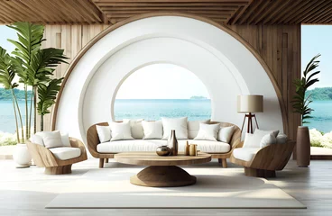 Fotobehang Coastal interior design of modern living room with wooden rustic elements, minimal style © suriya