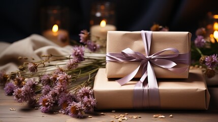 Ecological packaging for gifts. Craft paper and fabric for decoration. Dried flowers and flowers on a gift wrapper. Concept: Holiday box with care for nature.