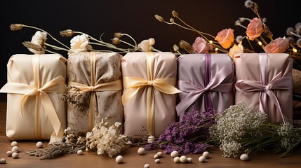 Ecological packaging for gifts. Craft paper and fabric for decoration. Dried flowers and flowers on a gift wrapper. Concept: Holiday box with care for nature.