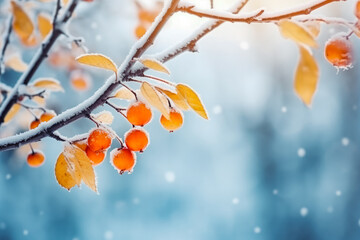 Beautiful branch with orange and yellow leaves in late winter, snowy forest in winter season, snowy weather, december vibes - Powered by Adobe