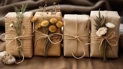Ecological packaging for gifts. Craft paper and fabric for decoration. Dried flowers and flowers on a gift wrapper. Concept: Holiday box with care for nature. - obrazy, fototapety, plakaty