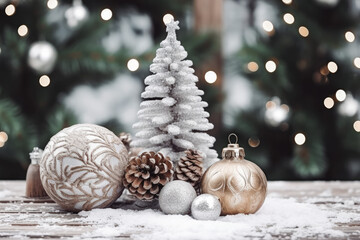 Fototapeta na wymiar Beautiful Christmas decoration with a ball and Christmas tree, winter season, Christmas ornaments and sparkling aesthetic