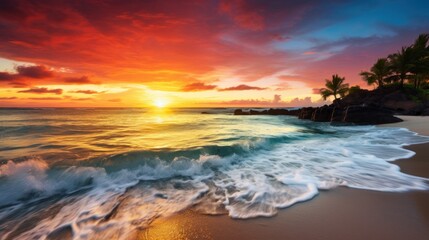 Obraz premium The top shock photo of a travel destination theme captures the stunning sunset over the white sand beaches