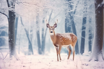 Beautiful Christmas scene with a deer in a winter snowy forest, winter weather and aesthetic, animals in the snowy forest