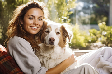 Caucasian woman relaxing with her dog at home, cuddling with a pet, hugging with a dog, being cozy with a pet dog