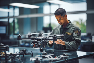 Engineer testing a military grade drone in a laboratory, demonstrating flying drone indoor, modern high technology on testing