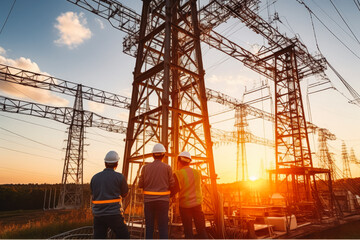 Engineer worker and technician inspecting electrical tower with beautiful sunset in the background, technical maintenance in the making - obrazy, fototapety, plakaty