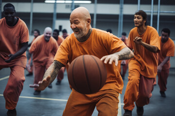 Prisoners playing basketball outside on prison's yard and enjoying fresh air, closed in prison institution, locked up in jail