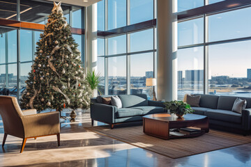 Spacious modern office lobby with panoramic windows and big christmas tree with decorations,...