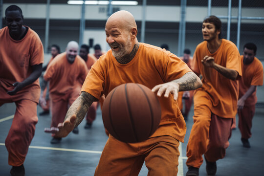 Prisoners playing basketball outside on prison's yard and enjoying fresh air, closed in prison institution, locked up in jail