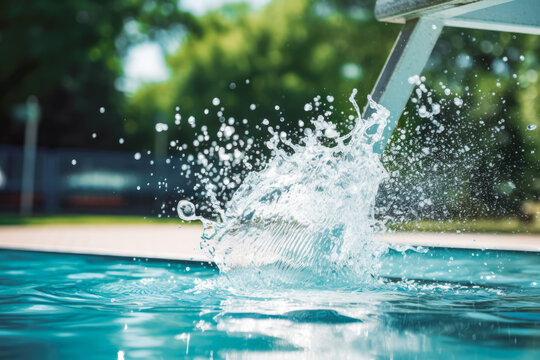 Close up of splashing water near diving board in swimming pool, beautiful clean water in home pool on a hot sunny summer day © VisualProduction