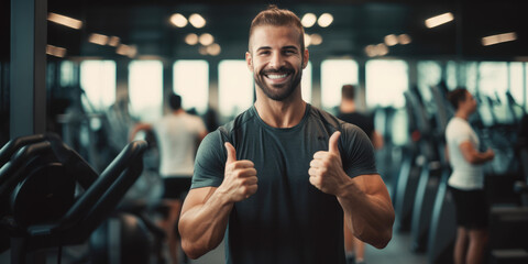 A fitness coach, in a gym setting, enthusiastically holds both thumbs up, exuding positivity and motivation, with a blurred gym background. - obrazy, fototapety, plakaty