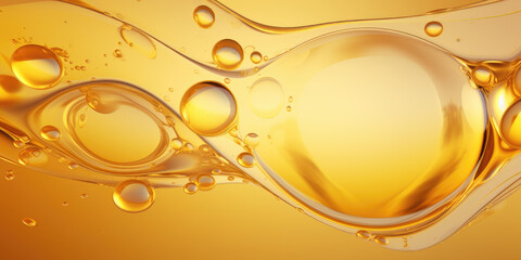 AI-generated golden liquid bubbles in a transparent fluid. Abstract background with bubbling drops.