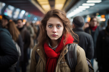 In a busy train station, a confident woman stands on the bustling platform, meeting the camera's gaze amidst a sea of hurried commuters and the urban pulse of city life