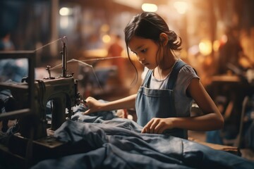 Fototapeta na wymiar Hidden Shadows: Child Labour in an Asian Textile Factory. Generative ai