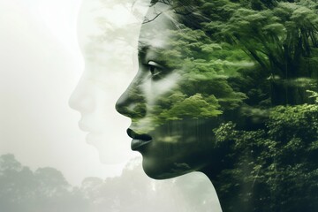 Nature's Reflection: Double Exposure of Woman and Forest Tranquility. Generative ai