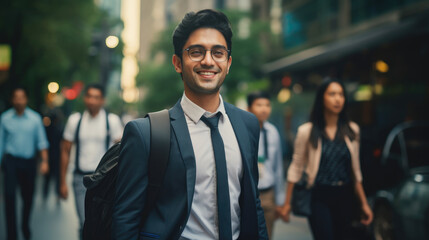 This image features a confident Asian Indian businessman in a suit, smiling as he walks through a busy city street on his way to the office, with the blurred street creating an urban vibe.