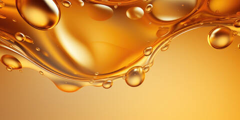 AI-generated golden liquid bubbles in a transparent fluid. Abstract background with bubbling drops.