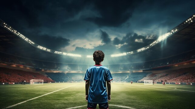 Determined Stance: Young Soccer Player Under Stadium Spotlight. Generative ai