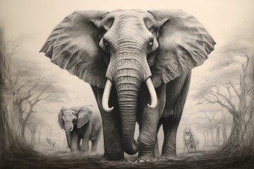 Obraz premium A captivating and detailed exploration of the magnificent elephant, allowing for a deeper understanding and admiration of these captivating creatures. Generative AI