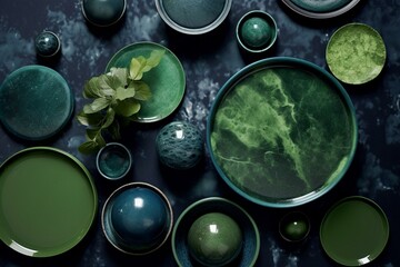 Sap green and navy blue colors mingle in a vibrant yet soothing background with hints of grime and gemstone. Generative AI