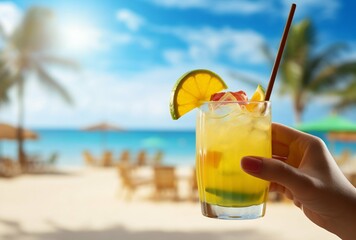 Sip of Paradise: Bright Cocktail in Hand with Tropical Beach Backdrop. Generative ai