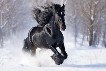 Black Horse Running Across Snow on a Snowy Meadow