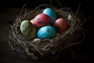 colorful eggs in nest. Generative AI