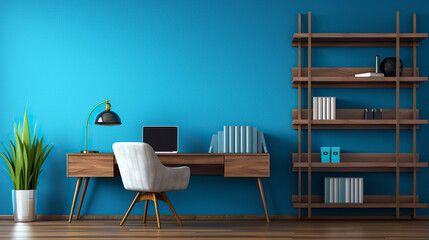 Blue home office room with bookshelf. Minimalist decoration style - obrazy, fototapety, plakaty