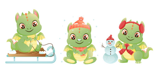 Obraz premium Winter green dragons characters. Cute cartoon dragons playing. Sledge, snowman, hat, scarf. New Year 2024 animal.