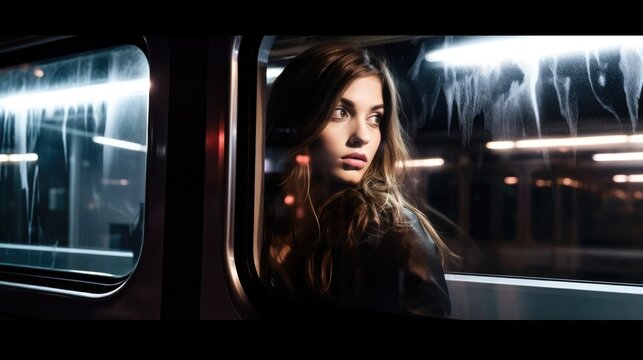 Street dreamy photo sad woman model window looking at camera portrait reflection glare