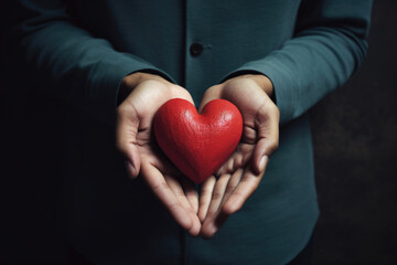 Male hands cradle a heart icon. Represents World AIDS Day, charity, solidarity
