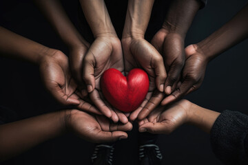 A shared heartbeat: diverse hands cradle a scarlet heart, signifying unity and compassion on World AIDS Day - obrazy, fototapety, plakaty