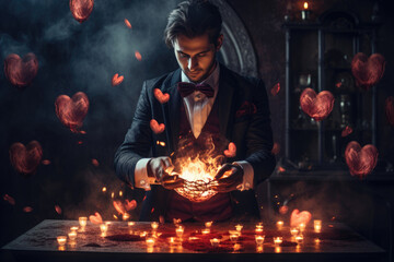 Male mystic invoking a love ritual, hearts encircling him in the shadows - obrazy, fototapety, plakaty