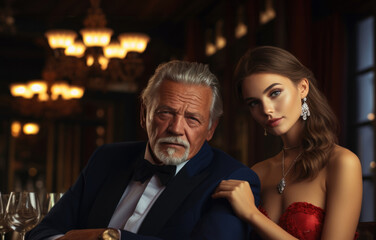 Prosperous elderly gentleman with a youthful woman, symbolizing a marriage of convenience, material gains, and the moral compromise of a woman's integrity