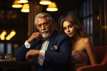 Prosperous elderly gentleman alongside a youthful woman, reflecting a marriage of convenience, materialistic motives, and the exploitation of a woman's integrity