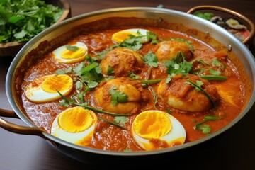 Delicious dish of fish curry with eggs and coriander, home made traditional curry, asian cuisine, appetizer, egg curry - obrazy, fototapety, plakaty