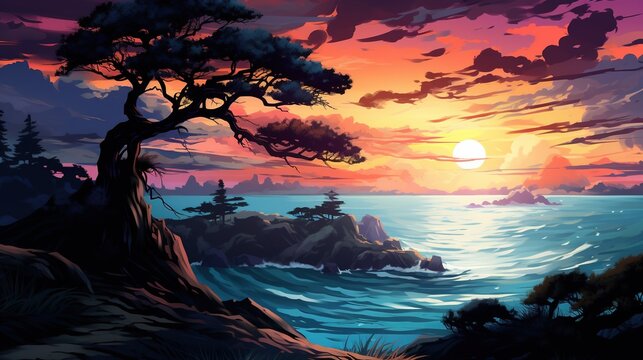 a painting of a sunset over a beach and cliff. Fantasy concept , Illustration painting.