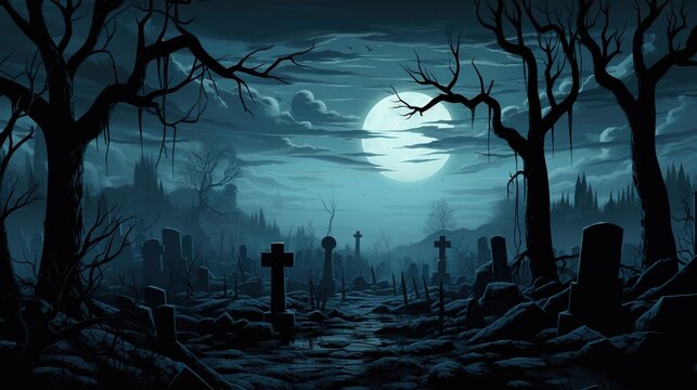 a night scene with graveyards and tombstones. Fantasy concept , Illustration painting.
