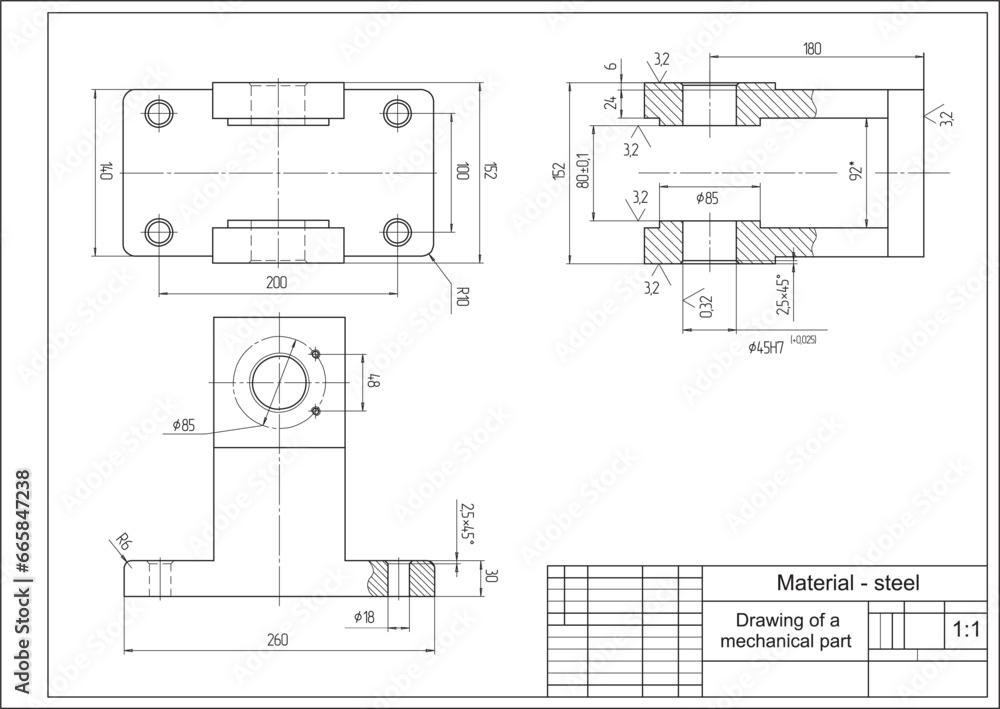 Poster Vector drawing of a steel mechanical part with through holes.
Engineering cad scheme. Mechanic background.