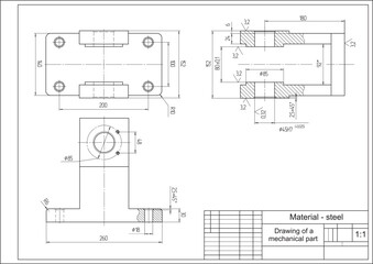 Vector drawing of a steel mechanical part with through holes.
Engineering cad scheme. Mechanic background.