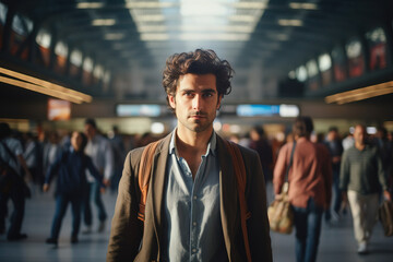 In a busy train station, a confident man stands on the bustling platform, meeting the camera's gaze amidst a sea of hurried commuters and the urban pulse of city life