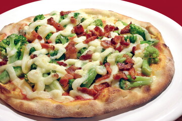 delicious bacon pizza with cheese and broccoli