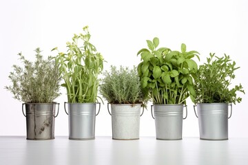 Row of tin buckets with different herbs isolated on white. Generative AI