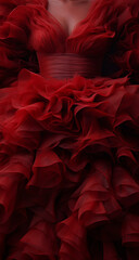 Dark red elegant tulle dress. Concept of fashion, beauty, love and passion.