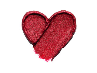 Red lipstick shimmering texture in heart shape, texture stroke isolated on white background. Cosmetic product smear smudge swatch