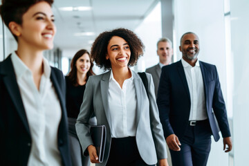 Obraz premium Team of corporate professionals talking and walking in office corridor